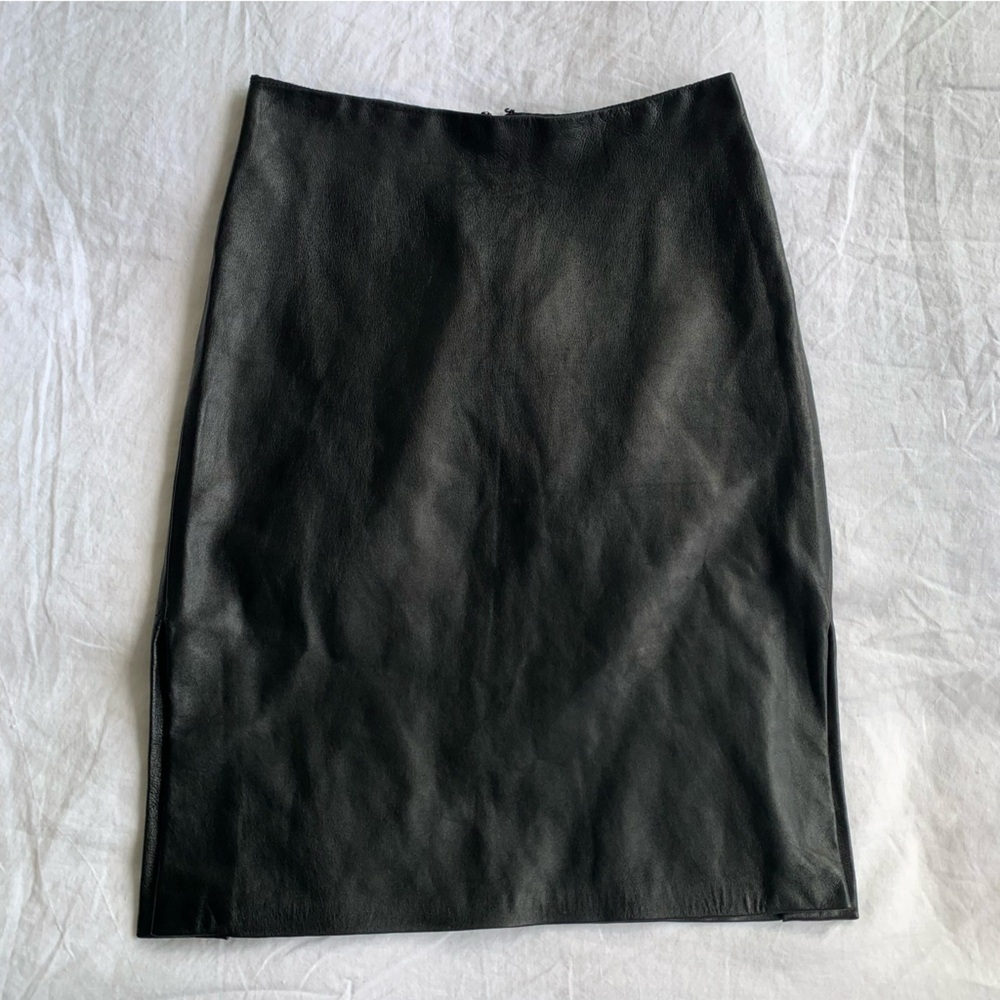 Vintage ABS Allen Schwartz Soft Leather Knee Length Straight Long Skirt Black